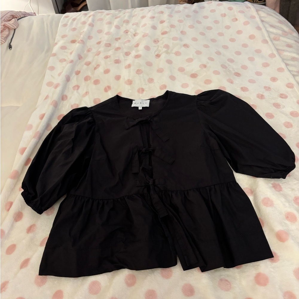 MABLE Black Peplum Puff Sleeve Tie-Front Top